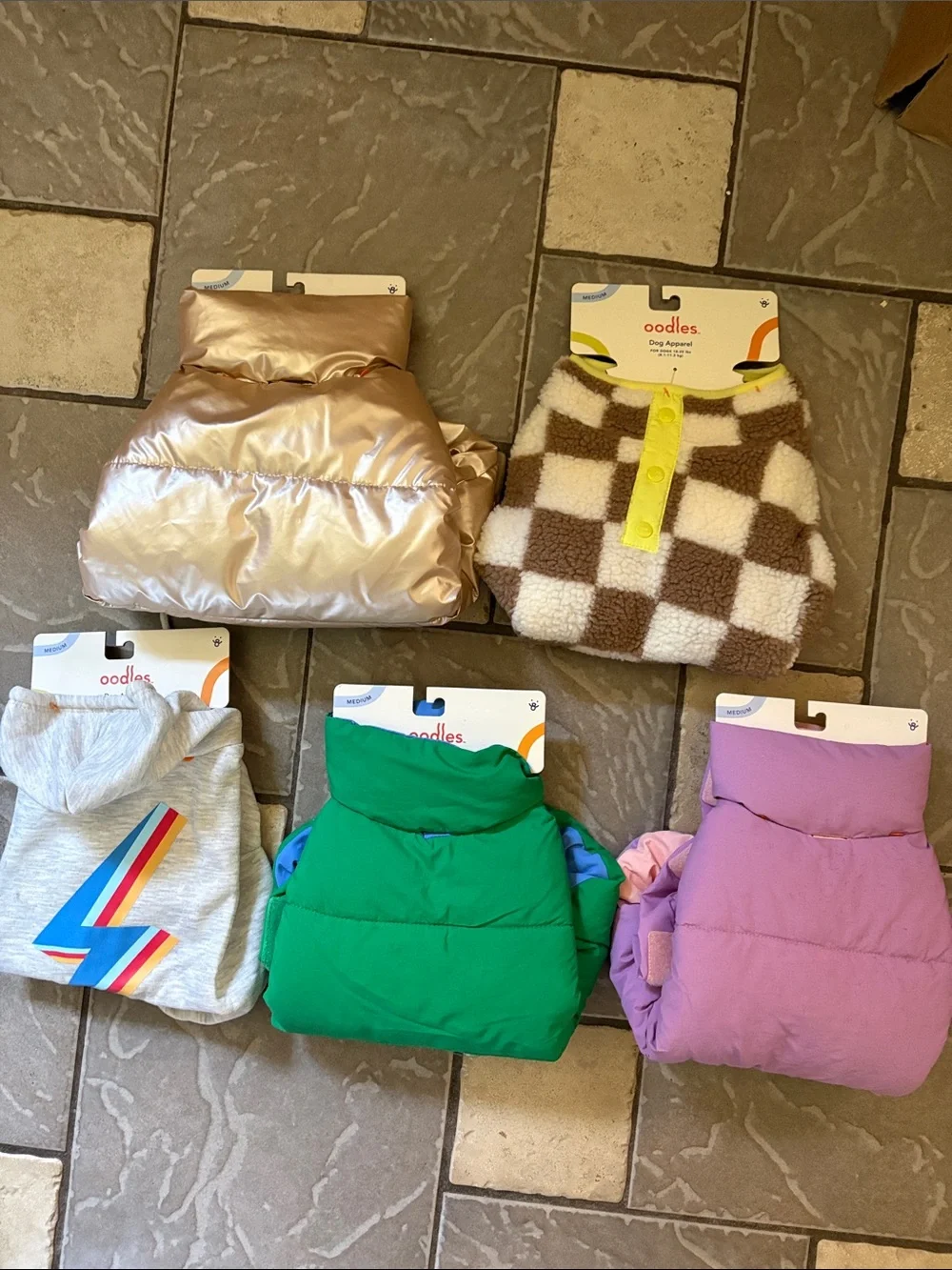 New lot five dog coats, dog clothing size medium 18 to 25 pounds